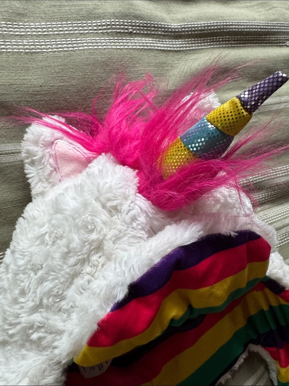 Lazy One White Unicorn Hat with Pink Mane and Rainbow Stripe Lining Kids L